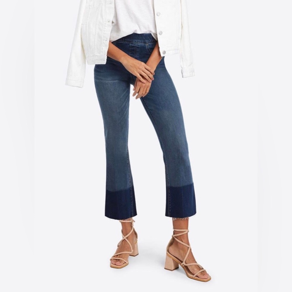 Spanx Cropped Flare Denim Jeans Stretch Raw Hem L